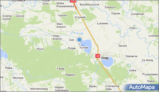 mapa Kunów, Kunów gmina Firlej na mapie Targeo