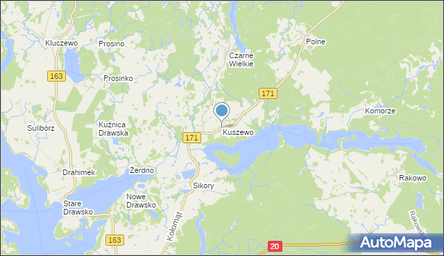 mapa Kuszewo, Kuszewo gmina Czaplinek na mapie Targeo