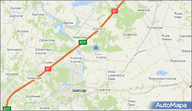 mapa Kuźnia, Kuźnia gmina Jastrząb na mapie Targeo