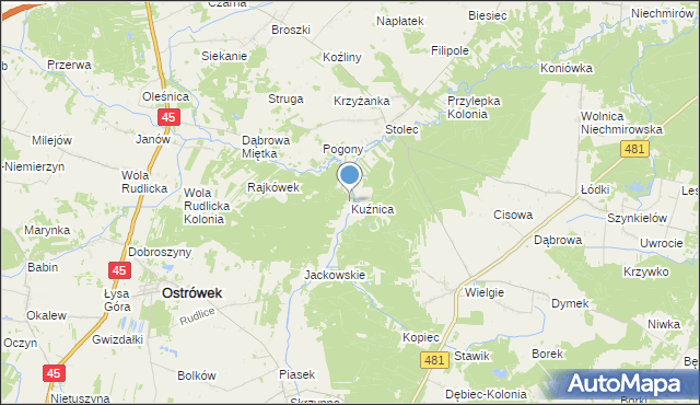 mapa Kuźnica, Kuźnica gmina Ostrówek na mapie Targeo