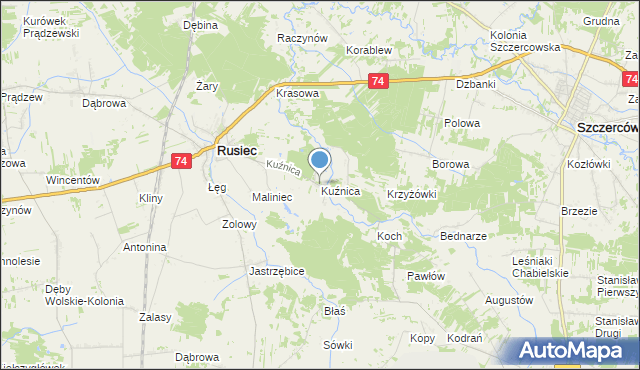 mapa Kuźnica, Kuźnica gmina Rusiec na mapie Targeo