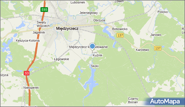 mapa Kuźnik, Kuźnik gmina Międzyrzecz na mapie Targeo