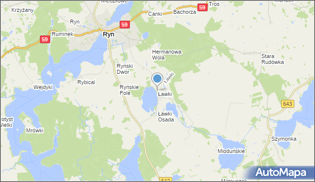 mapa Ławki, Ławki gmina Ryn na mapie Targeo