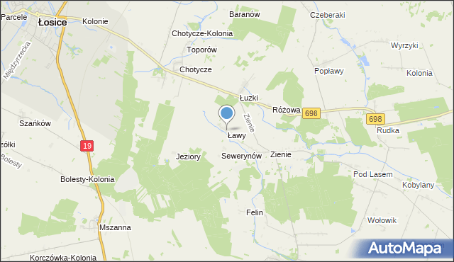 mapa Ławy, Ławy gmina Huszlew na mapie Targeo