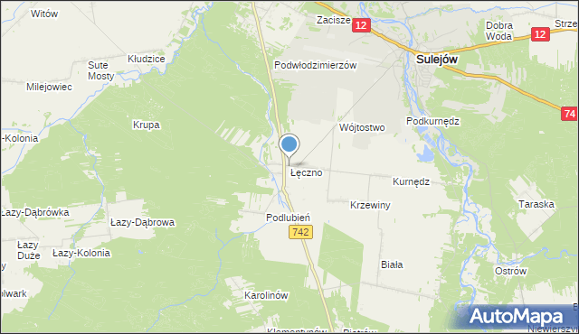 mapa Łęczno, Łęczno gmina Sulejów na mapie Targeo