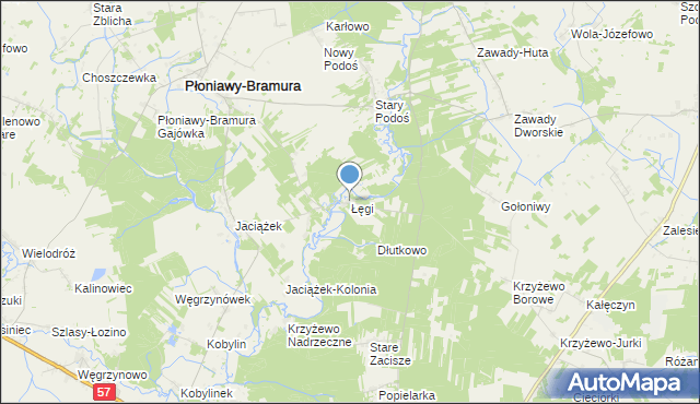mapa Łęgi, Łęgi gmina Płoniawy-Bramura na mapie Targeo