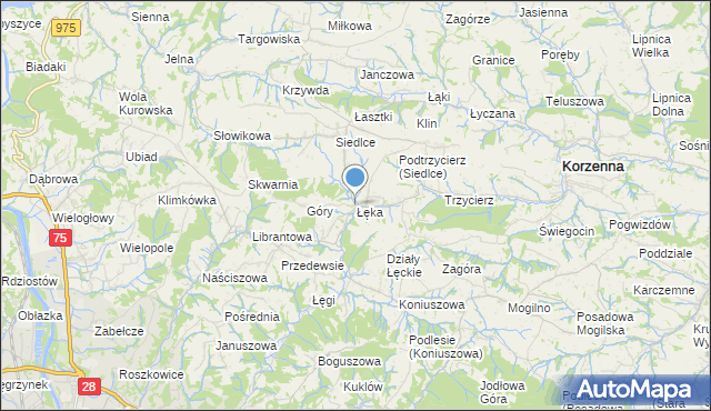mapa Łęka, Łęka gmina Korzenna na mapie Targeo
