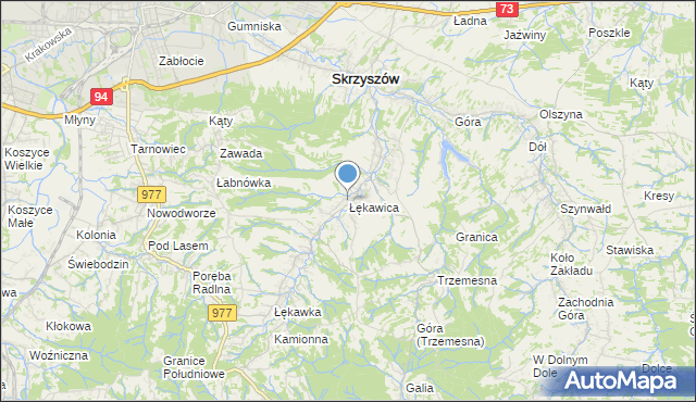 mapa Łękawica, Łękawica gmina Skrzyszów na mapie Targeo