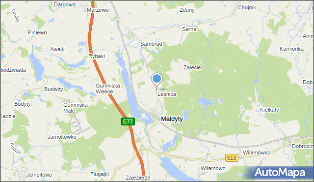 mapa Leśnica, Leśnica gmina Małdyty na mapie Targeo