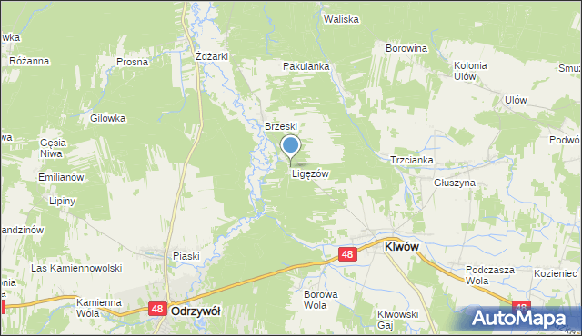 mapa Ligęzów, Ligęzów gmina Klwów na mapie Targeo