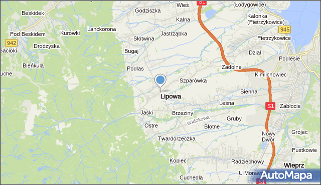 mapa Lipowa, Lipowa powiat żywiecki na mapie Targeo