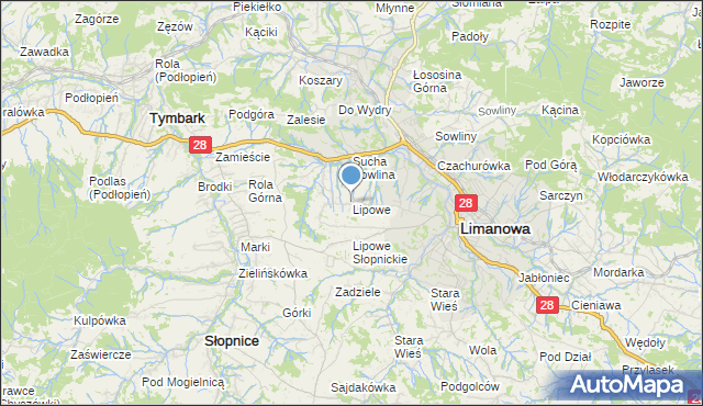 mapa Lipowe, Lipowe gmina Limanowa na mapie Targeo