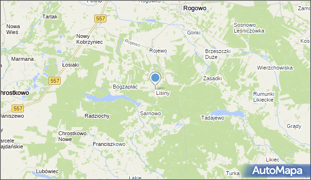 mapa Lisiny, Lisiny gmina Rogowo na mapie Targeo