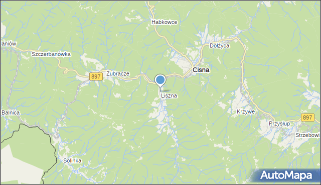 mapa Liszna, Liszna gmina Cisna na mapie Targeo