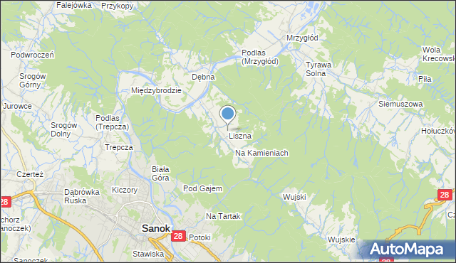 mapa Liszna, Liszna gmina Sanok na mapie Targeo