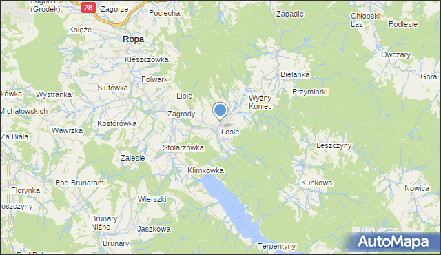 mapa Łosie, Łosie gmina Ropa na mapie Targeo