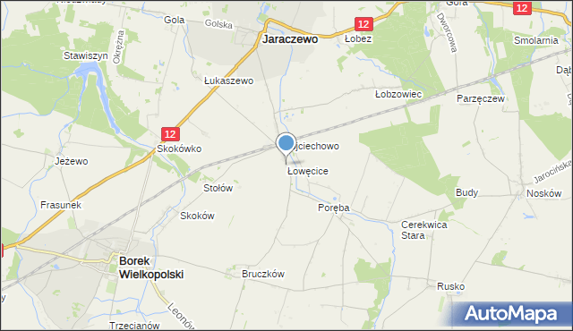 mapa Łowęcice, Łowęcice gmina Jaraczewo na mapie Targeo