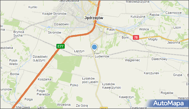 mapa Ludwinów, Ludwinów gmina Jędrzejów na mapie Targeo