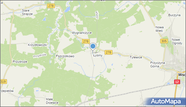 mapa Łysiny, Łysiny gmina Wschowa na mapie Targeo