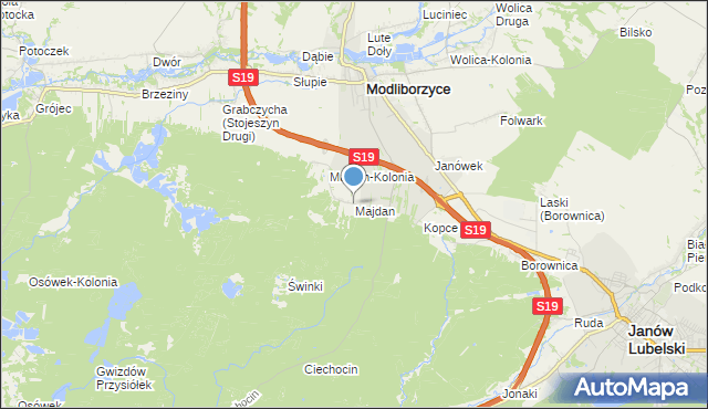 mapa Majdan, Majdan gmina Modliborzyce na mapie Targeo