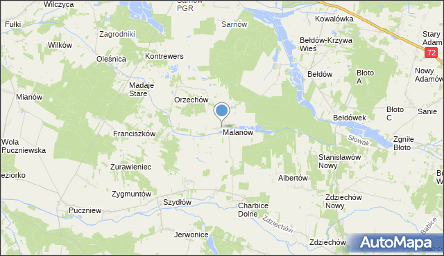 mapa Malanów, Malanów gmina Lutomiersk na mapie Targeo