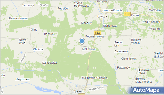 mapa Malinówka, Malinówka gmina Sawin na mapie Targeo