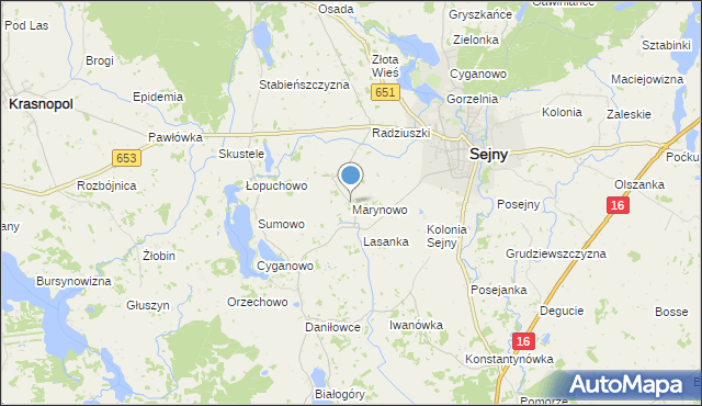 mapa Marynowo, Marynowo gmina Sejny na mapie Targeo