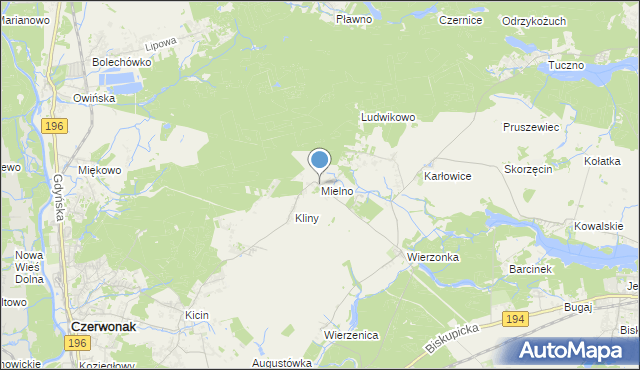 mapa Mielno, Mielno gmina Czerwonak na mapie Targeo