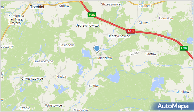 mapa Mieszków, Mieszków gmina Trzebiel na mapie Targeo