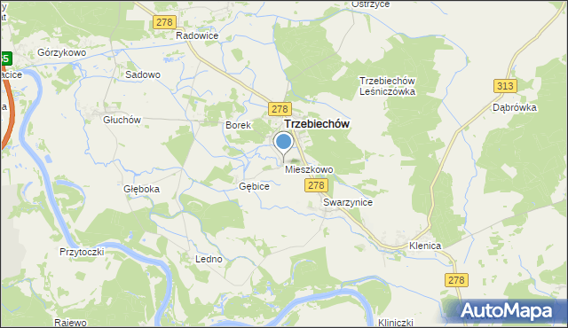 mapa Mieszkowo, Mieszkowo gmina Trzebiechów na mapie Targeo
