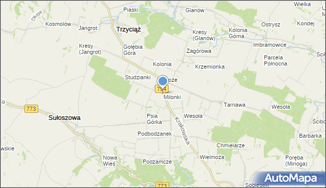 mapa Milonki, Milonki gmina Trzyciąż na mapie Targeo