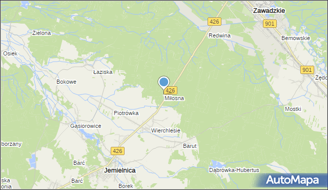 mapa Miłosna, Miłosna gmina Jemielnica na mapie Targeo