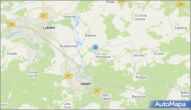 mapa Mirkowice, Mirkowice gmina Jasień na mapie Targeo