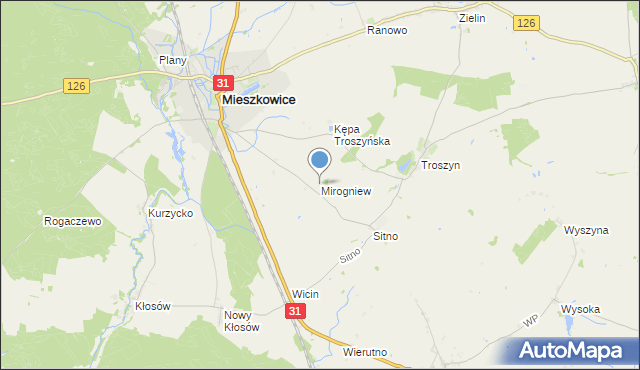 mapa Mirogniew, Mirogniew gmina Mieszkowice na mapie Targeo