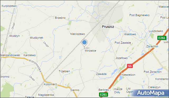 mapa Mirowice, Mirowice gmina Pruszcz na mapie Targeo