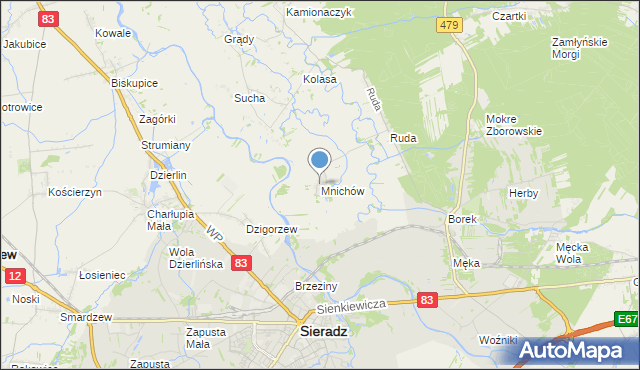 mapa Mnichów, Mnichów gmina Sieradz na mapie Targeo