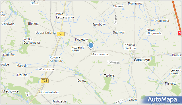 mapa Modrzewina, Modrzewina gmina Goszczyn na mapie Targeo