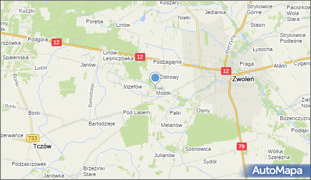 mapa Mostki, Mostki gmina Zwoleń na mapie Targeo