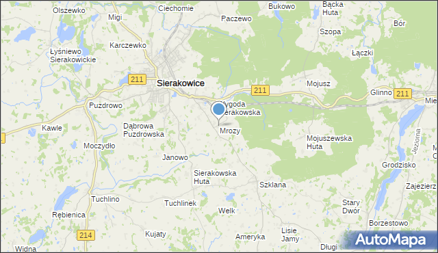mapa Mrozy, Mrozy gmina Sierakowice na mapie Targeo