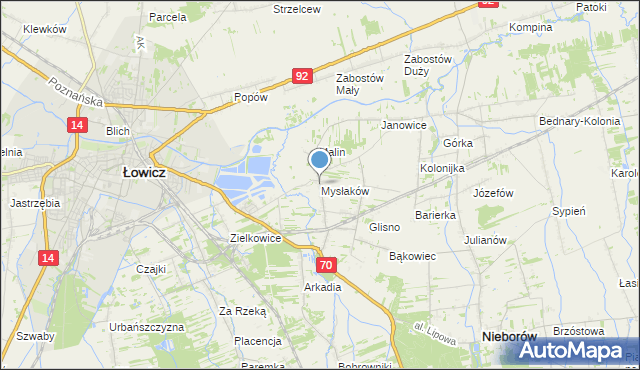 mapa Mysłaków, Mysłaków gmina Nieborów na mapie Targeo