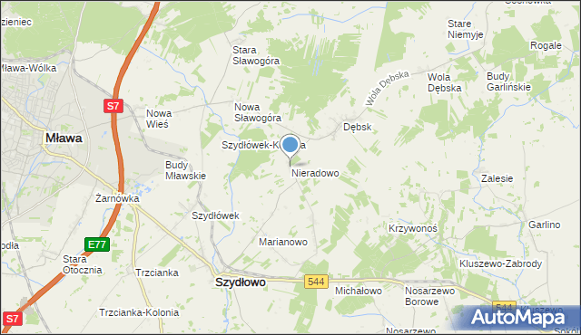 mapa Nieradowo, Nieradowo gmina Szydłowo na mapie Targeo