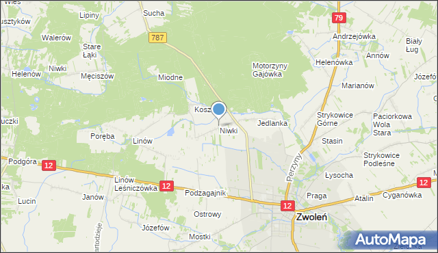 mapa Niwki, Niwki gmina Zwoleń na mapie Targeo