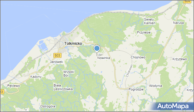 mapa Nowinka, Nowinka gmina Tolkmicko na mapie Targeo