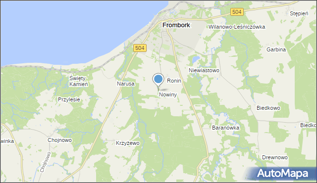 mapa Nowiny, Nowiny gmina Frombork na mapie Targeo