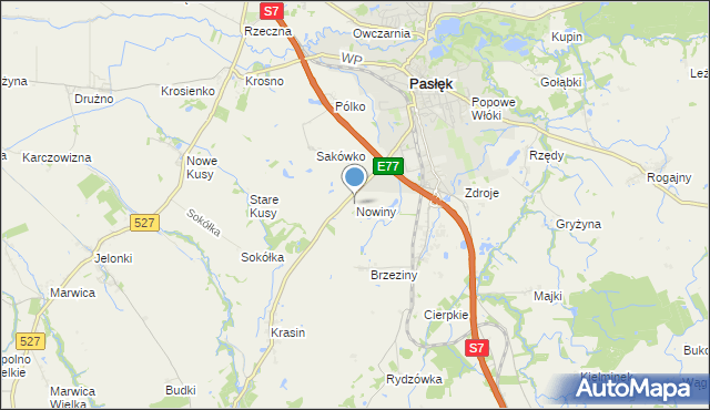 mapa Nowiny, Nowiny gmina Pasłęk na mapie Targeo