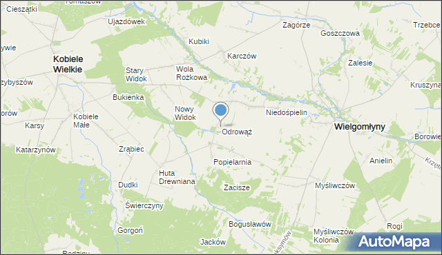 mapa Odrowąż, Odrowąż gmina Wielgomłyny na mapie Targeo