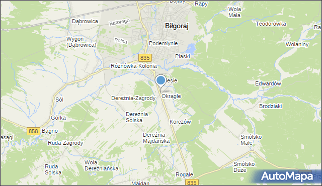 mapa Okrągłe, Okrągłe gmina Biłgoraj na mapie Targeo