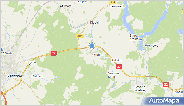 mapa Okunin, Okunin gmina Sulechów na mapie Targeo