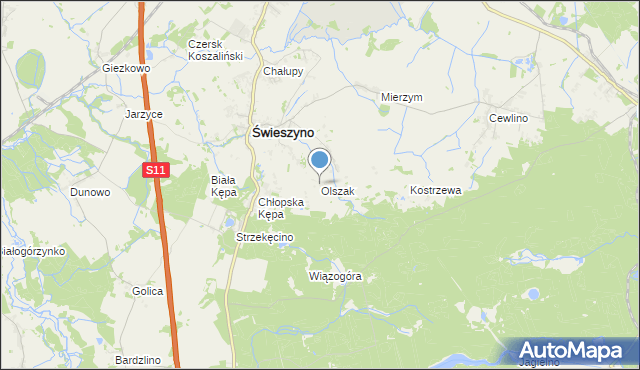 mapa Olszak, Olszak gmina Świeszyno na mapie Targeo