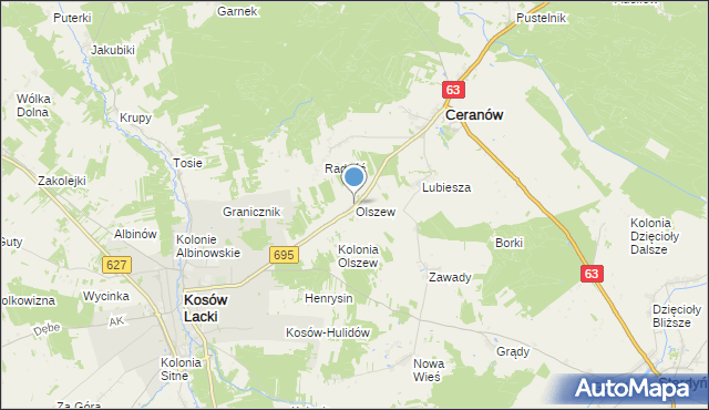 mapa Olszew, Olszew gmina Ceranów na mapie Targeo